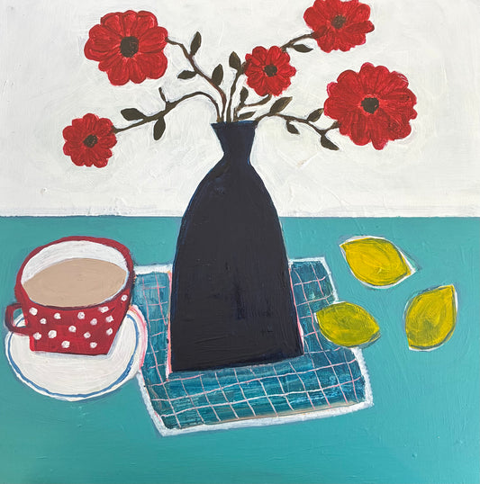 Anne Dillon "Blue vase red flowers'